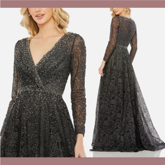 NWT $798 Mac‎ Duggal [ 8 ] Embellished Long Sleeve V Neck Gown in Graphite - Picture 2 of 15